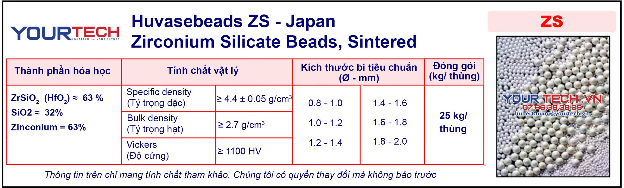 Thông số kỹ thuật của bi nghiền ZS - Bi ceramic (Bi sứ)